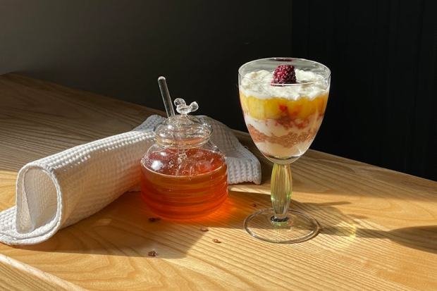 Elegant dessert in a glass with a honey jar on a wooden table, bathed in sunlight.
